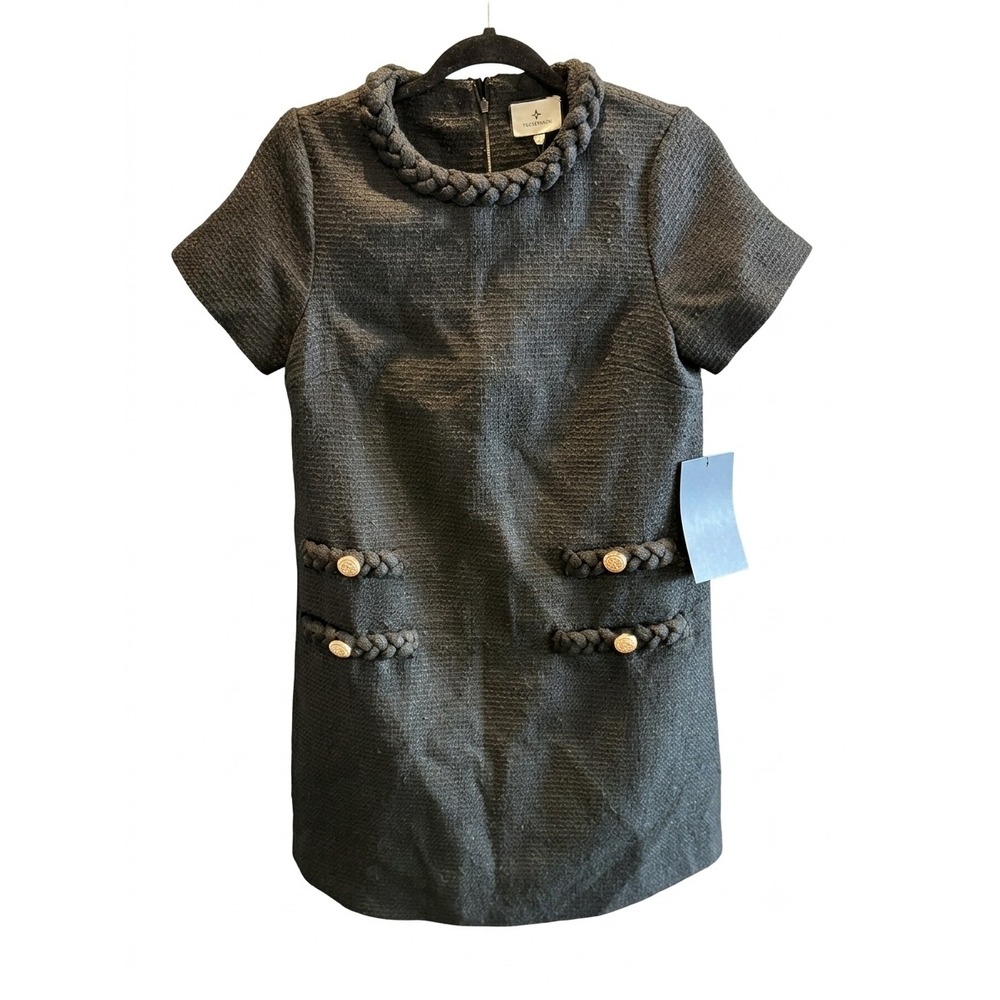 Tuckernuck Charcoal Black Tweed Braided Trim Mini Shift Dress Gold Buttons S NEW